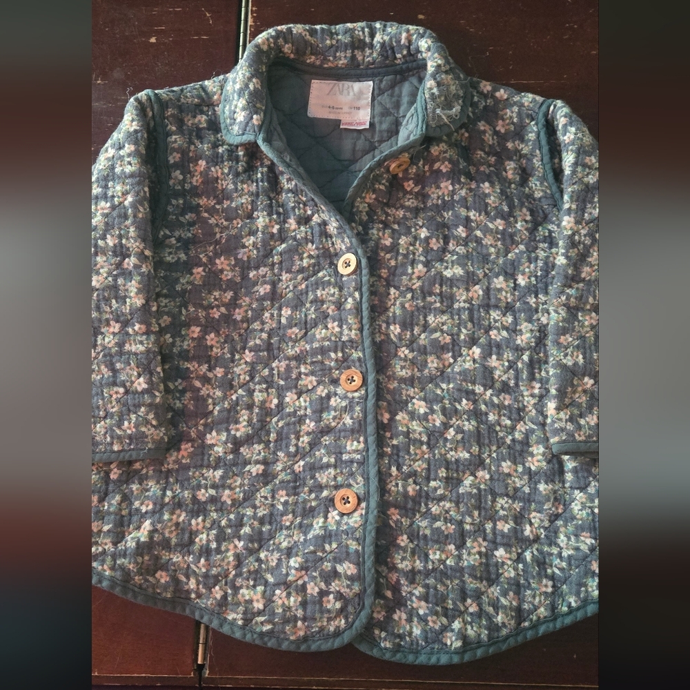 Zara Floral Quilted Kids Jacket - Blue and White